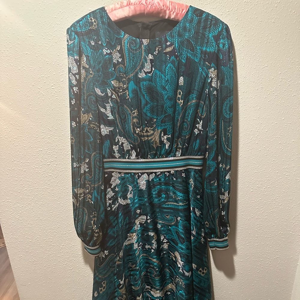NISSA Teal Paisley Long Sleeve Midi Dress